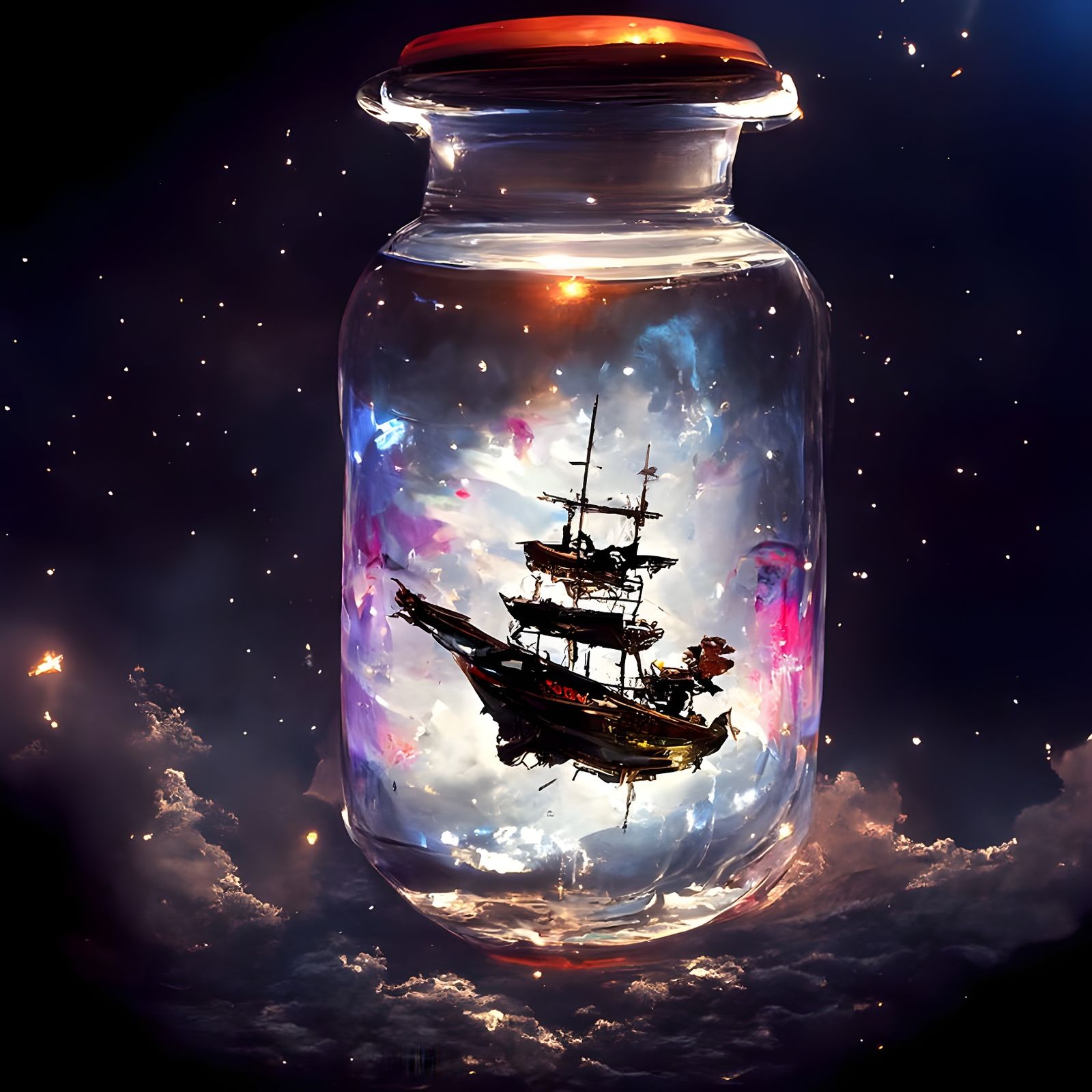 Flying Pirate Ship in a Jar: Digital Illustration