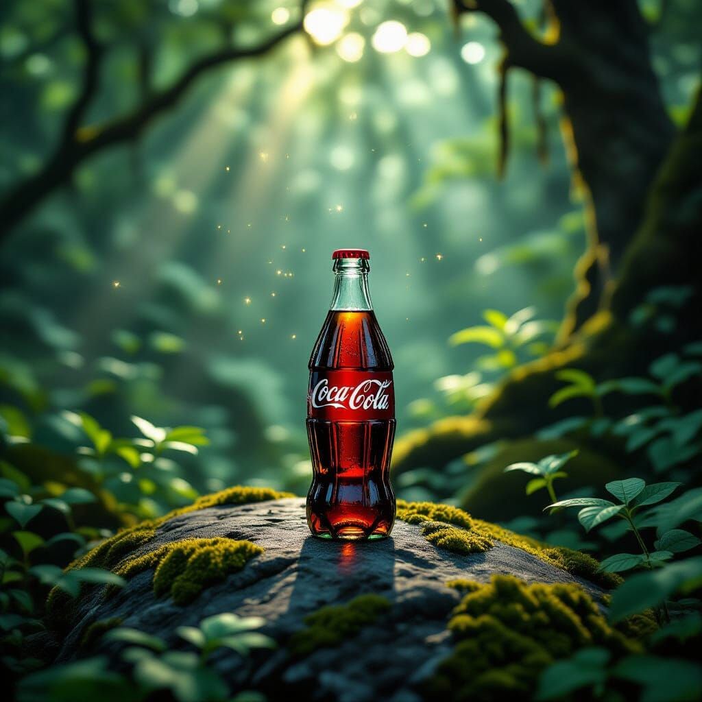 Weathered Coke Bottle in Ancient Forest Sunlight