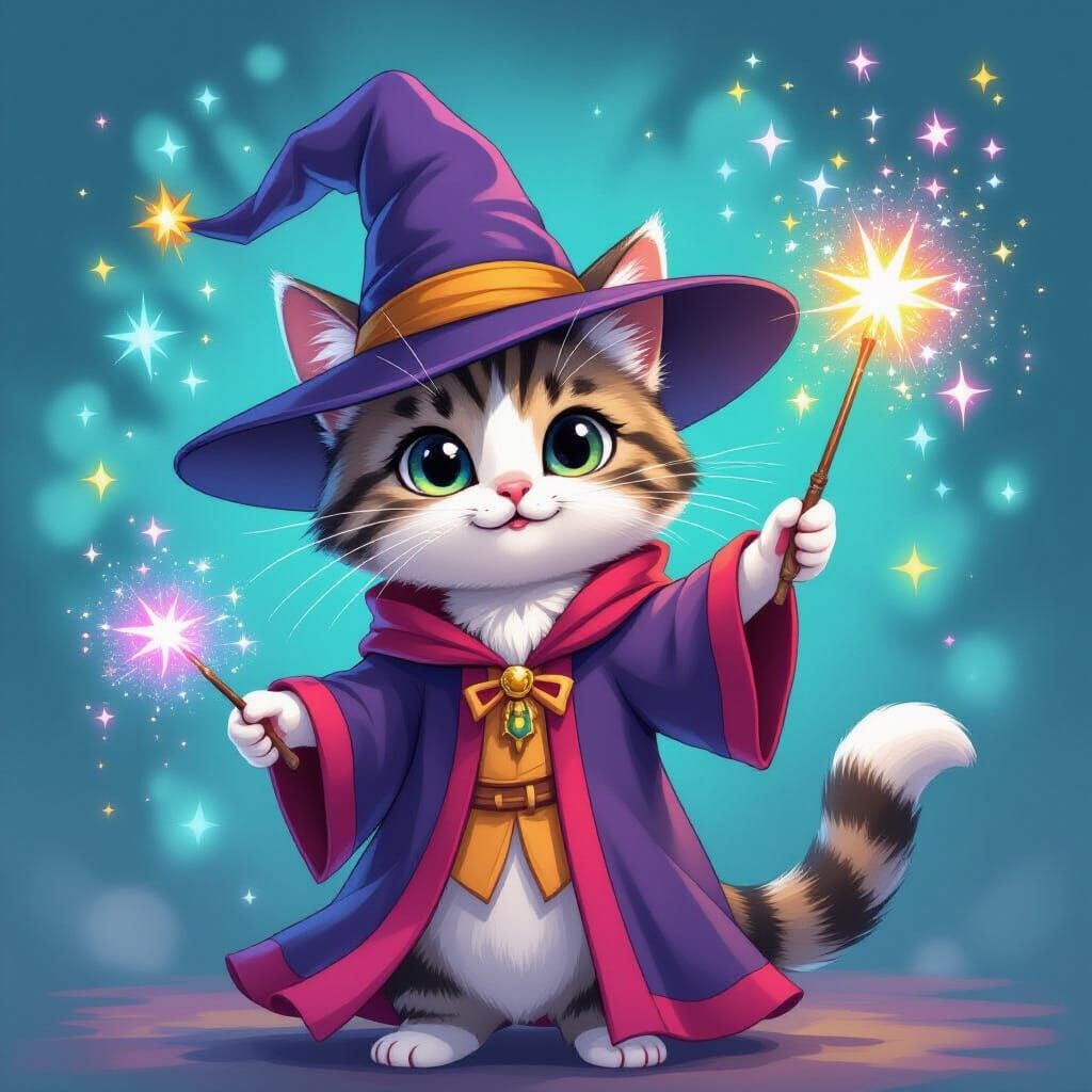 Fantasy Magician Cat in Vibrant Cartoon Style