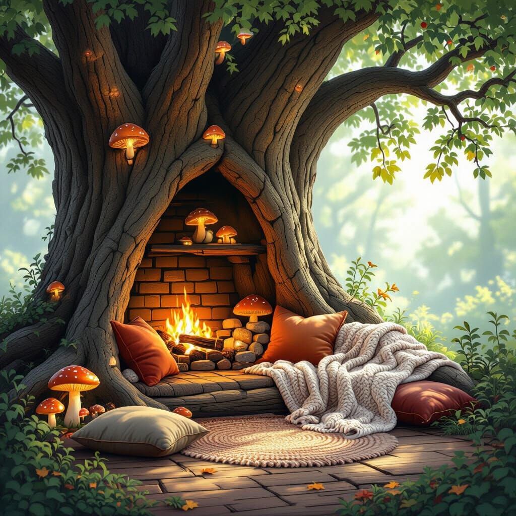 Enchanted Reading Nook in Ancient Oak Tree
