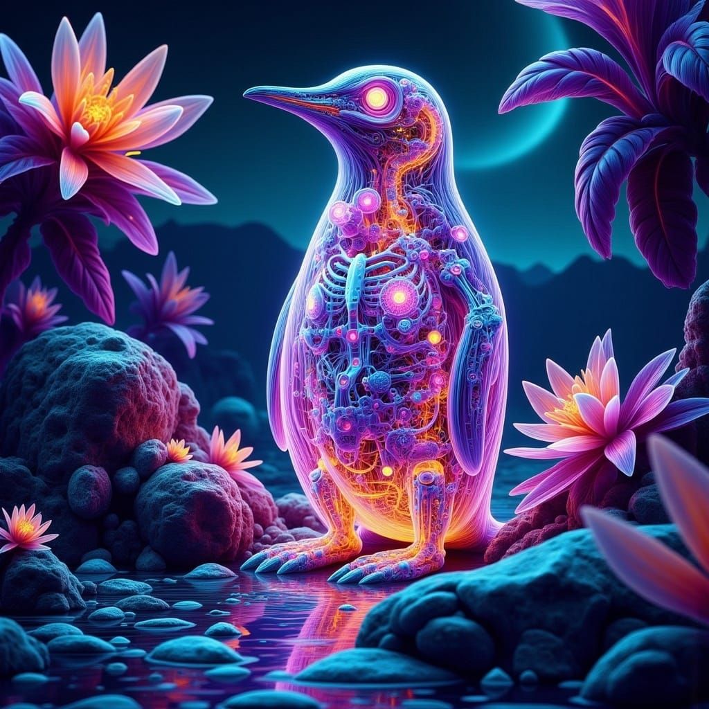 Ultraviolet Penguin in Mystical Icy Landscape
