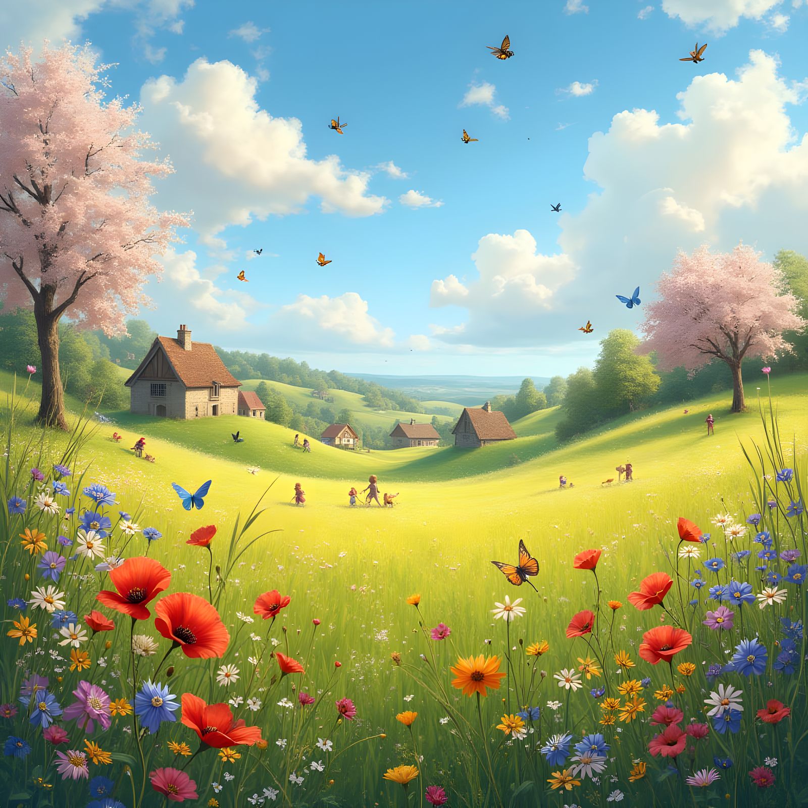 Vibrant Spring Landscape with Wildflowers and Rolling Hills