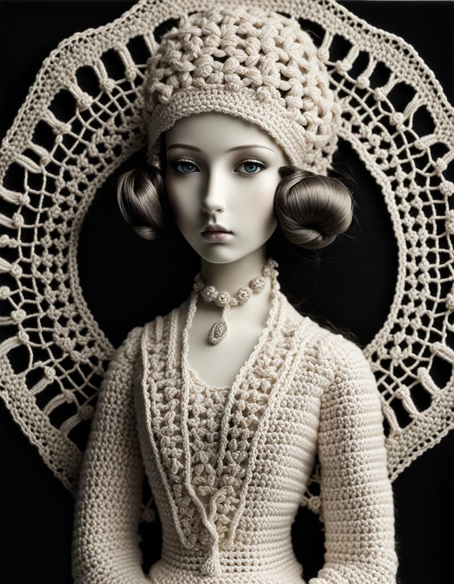 Greyscale Crochet Portrait in Calotype Style