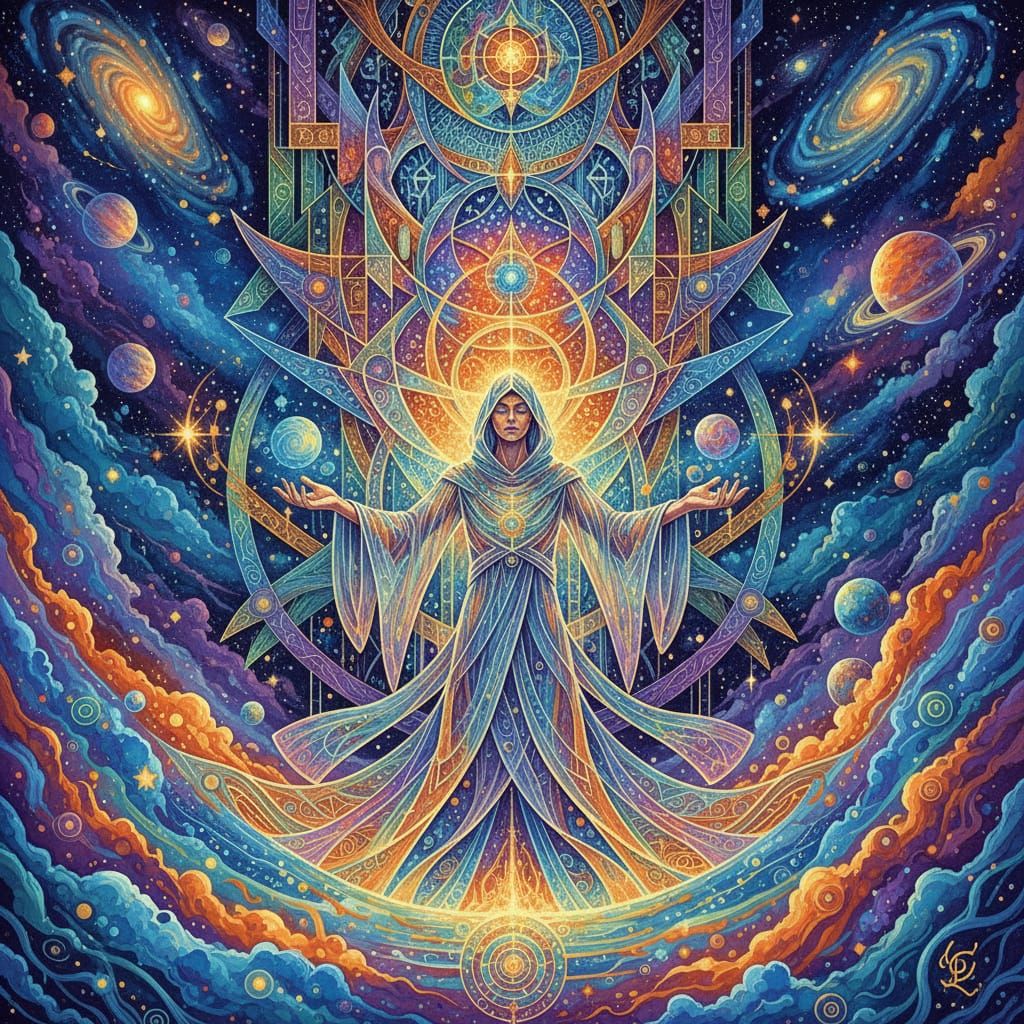 a celestial architect standing before a massive floating str...