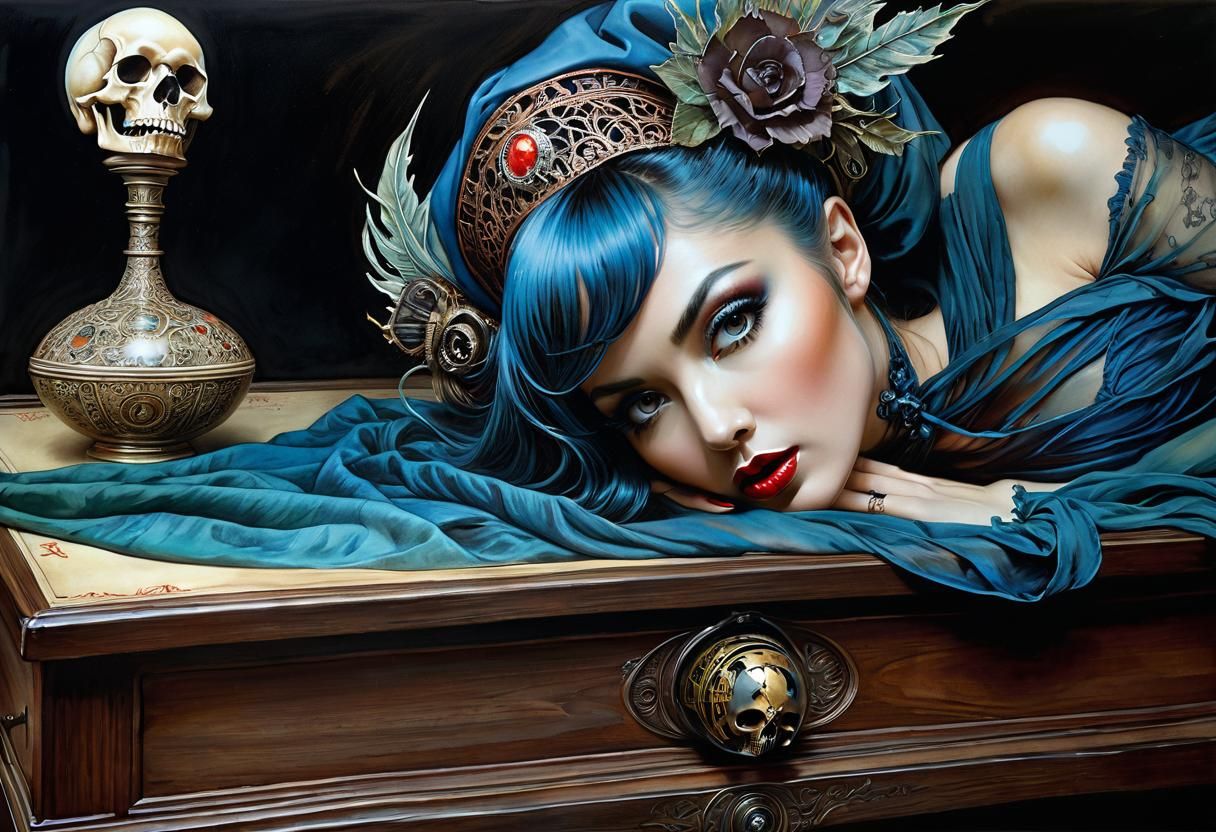 Hypermaximalist trompe l’oeil surreal watercolor pen and alc...