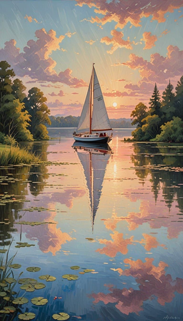 boat on a lake, sunrise, blue sky, pink clouds