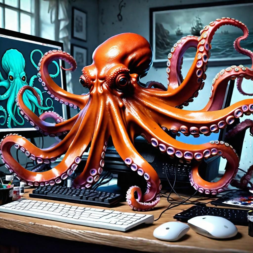 Octopus Working at Computer: Digital Pirate Art