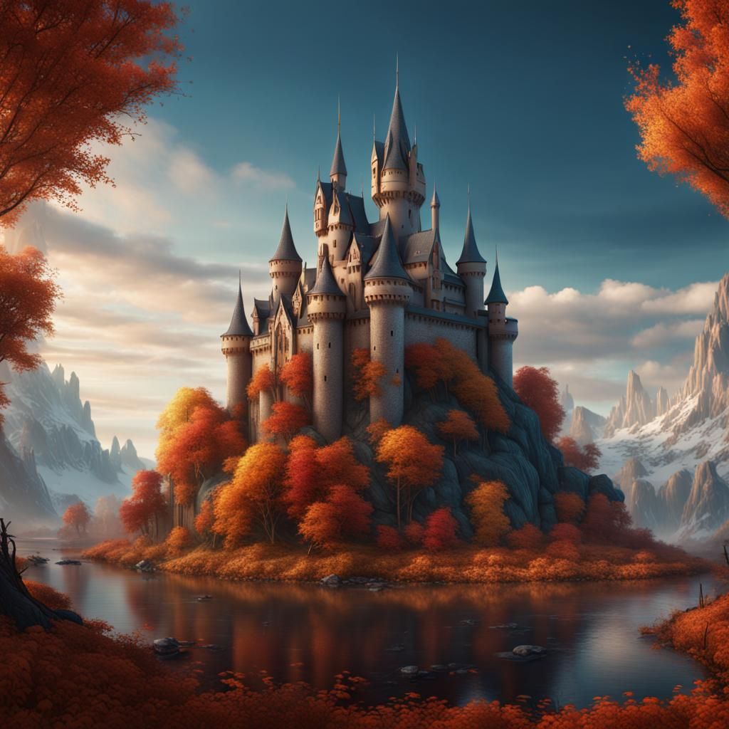 Fantasy Autumn Wonderland Castle: Detailed Matte Painting