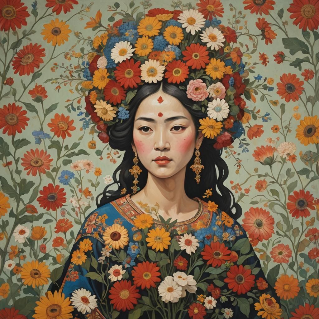 Woman with Floral Hair: A Surreal Portrait