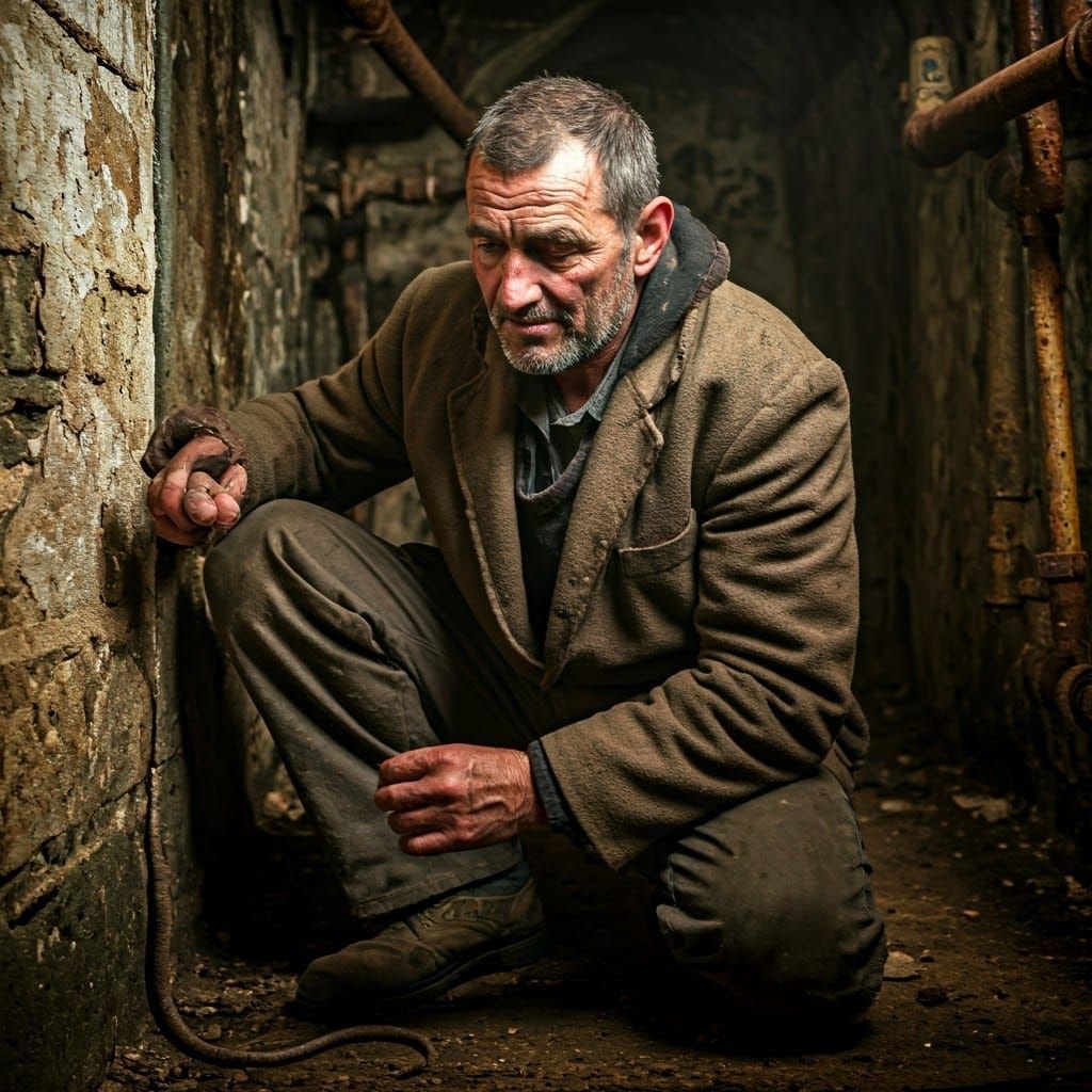 Gritty Man Catches Rats in Dimly Lit Basement