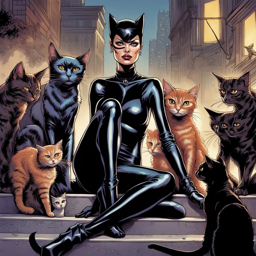 Catwoman Surrounded by Cats, Comic Book Art