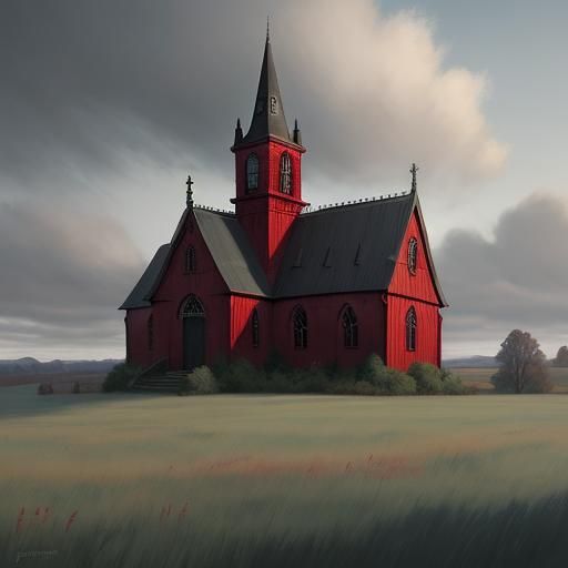 Victorian Gothic Church with Red Door in Field