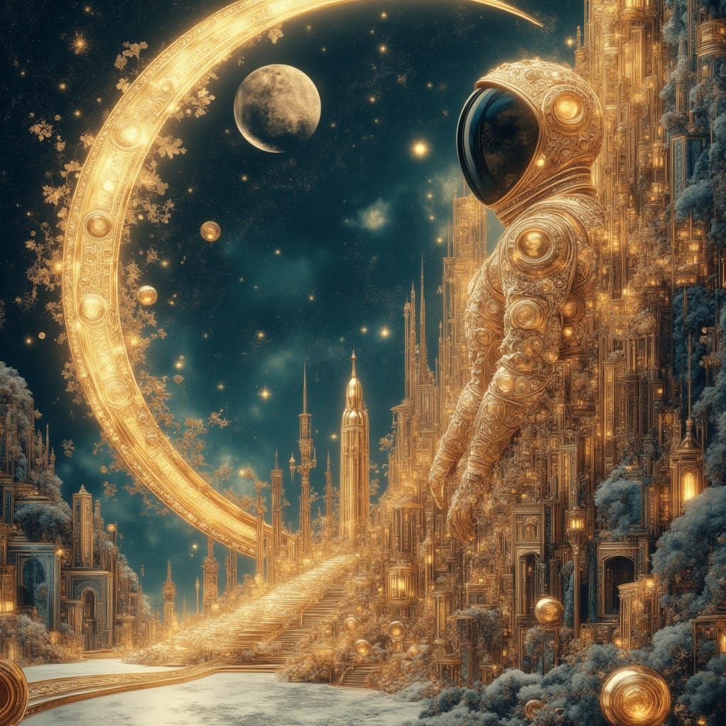 Astronaut on Moon Surrounded by Luminous City