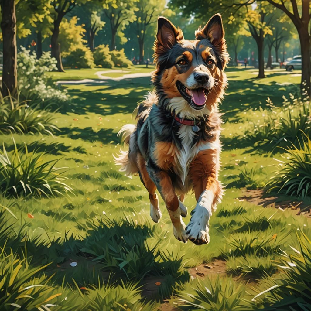 Dog Running in Park: Vivid Digital Art