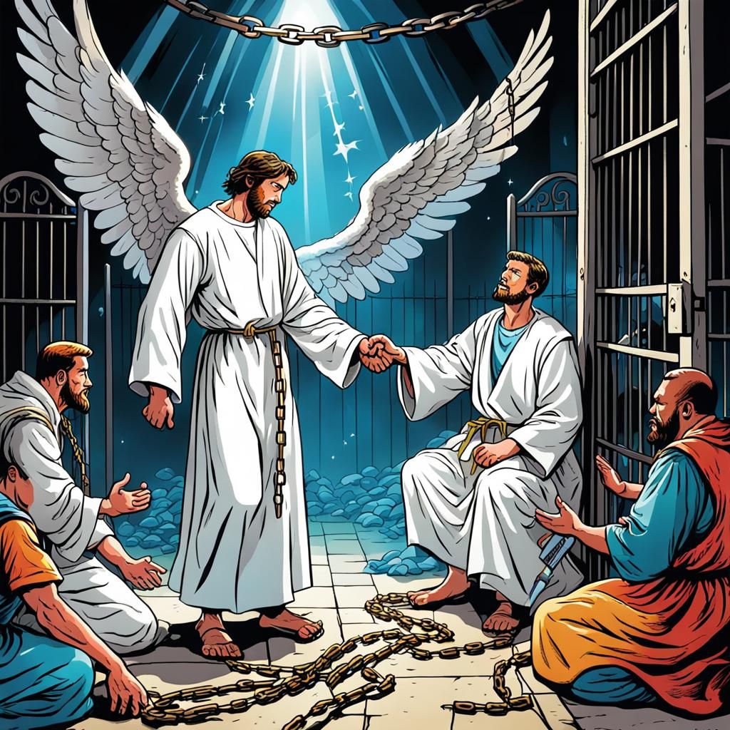 Angel Escaping Prison with Man, Comic Book Style