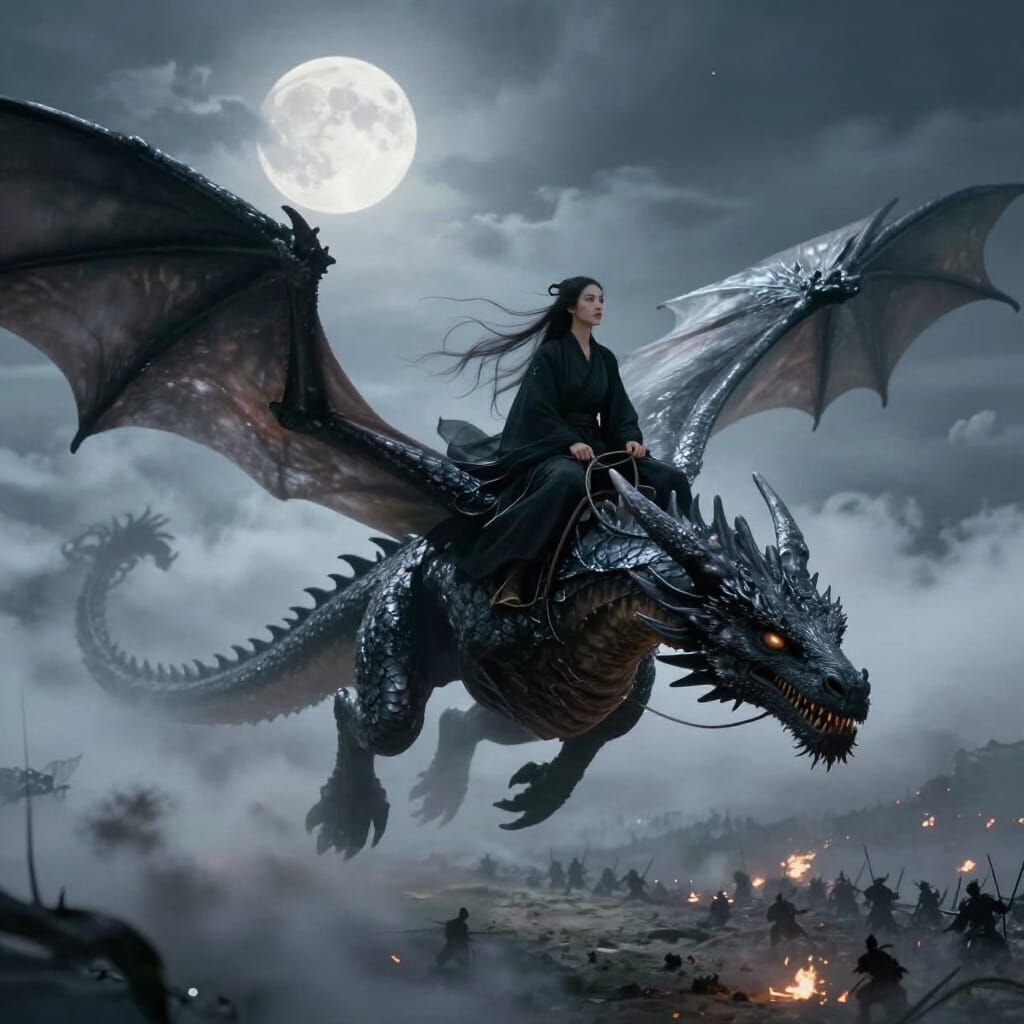 Asian Warrior Woman Rides Dragon Over Moonlit Battlefield