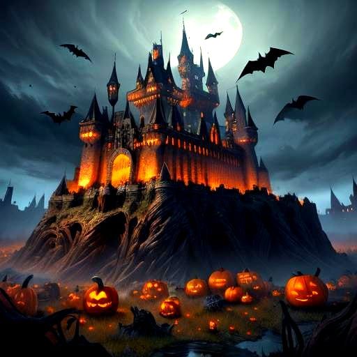 Fantastical Castle Scene with Pumpkins and Bats