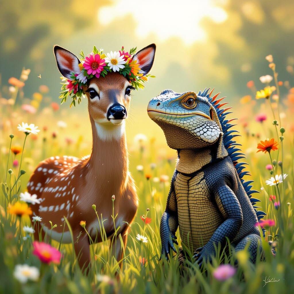 Deer and Lizard Friendship in Lush Meadow