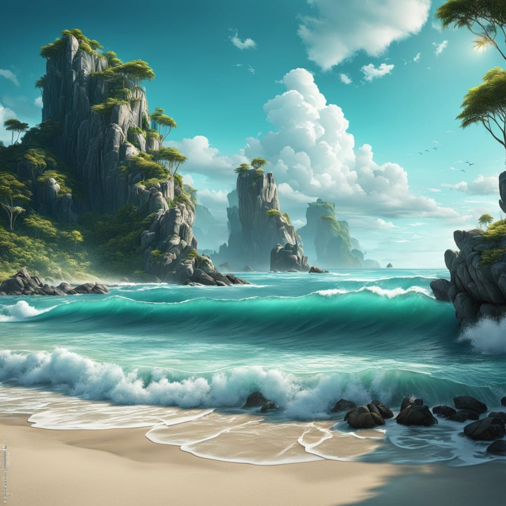Turquoise Sea and Beach: Detailed Fantasy Art