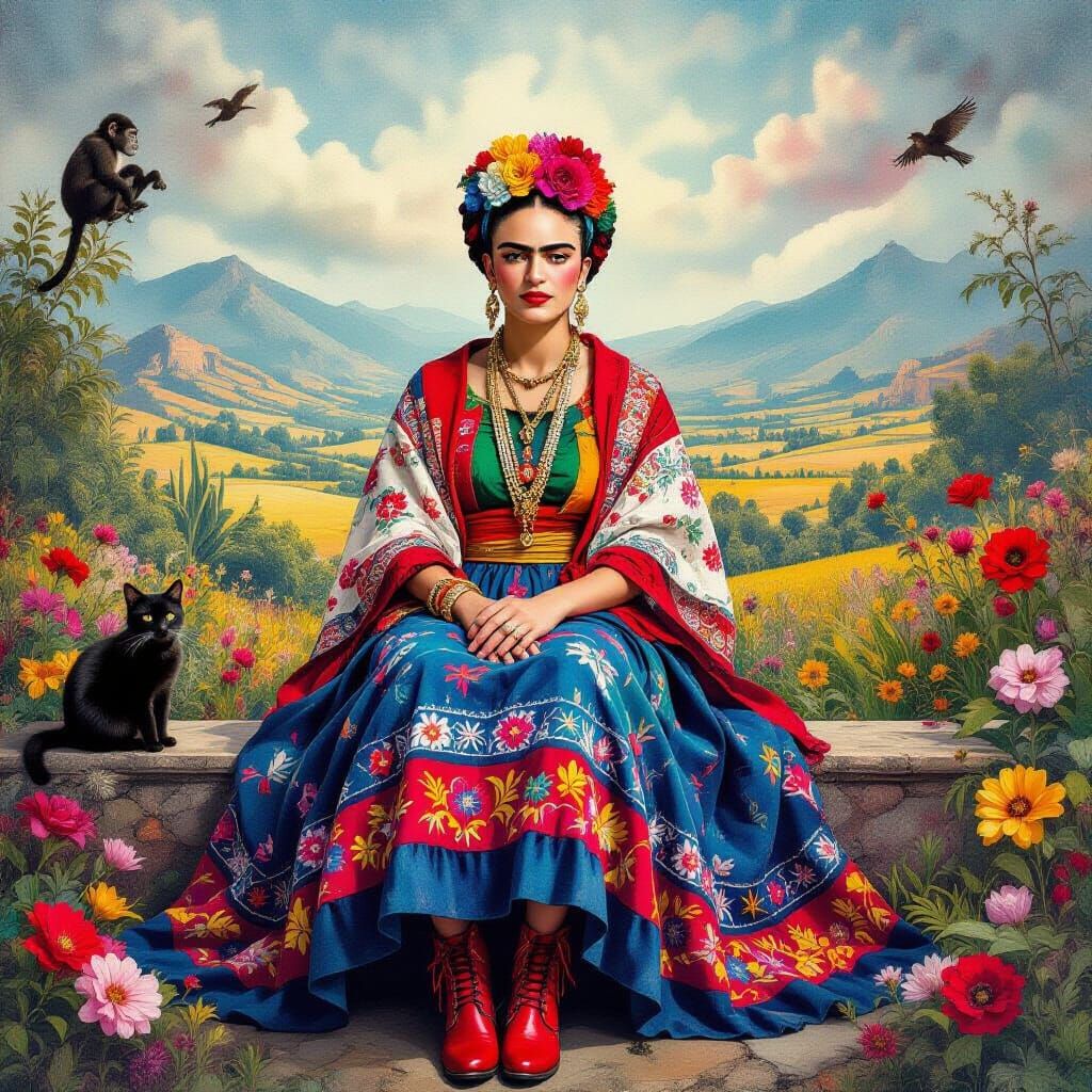 Frida Kahlo in Tehuana Dress: Surreal Mexican Landscape