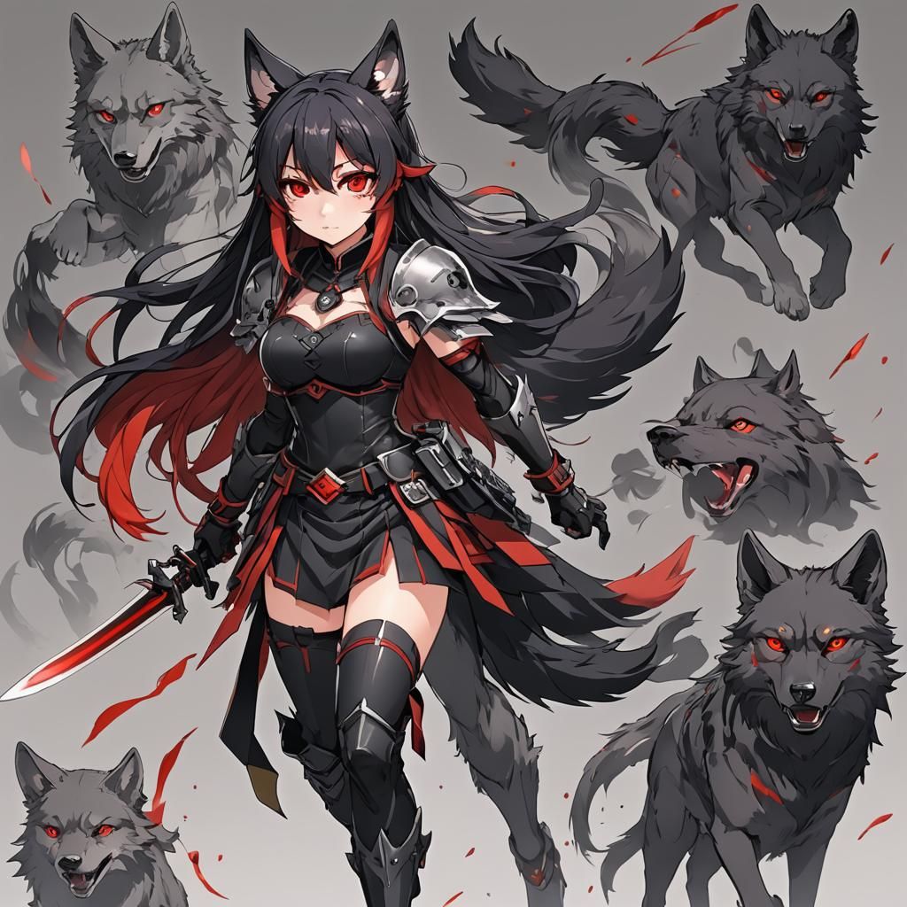 Anime Wolf Girl Warrior with Red and Black Features