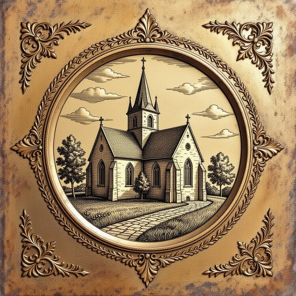 Engraved Church Copperplate Art in Ornate Style