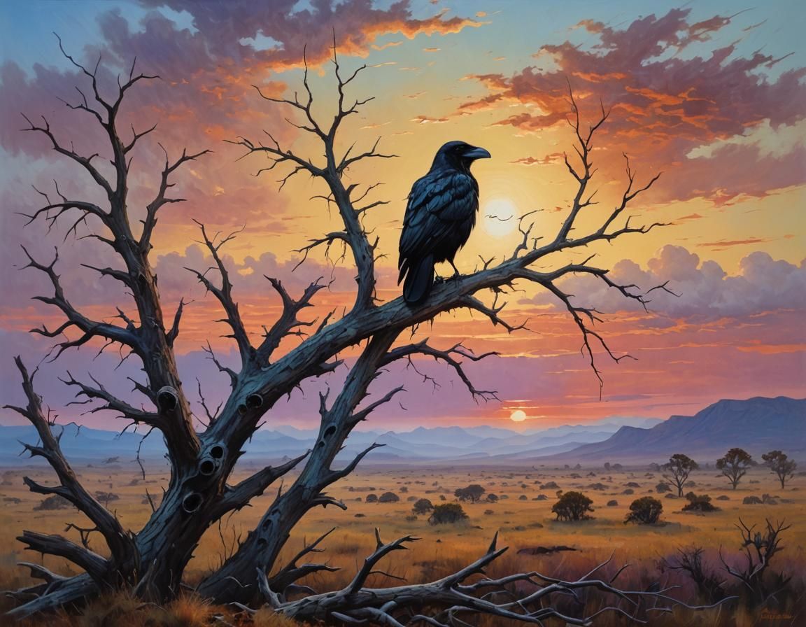 Crow on Branch at Colorful Sunrise