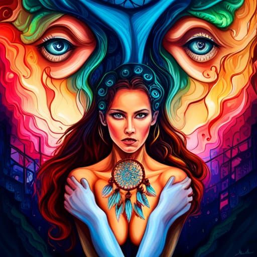 Mysterious Woman Gazing Through Dreamcatcher in Graffiti Art