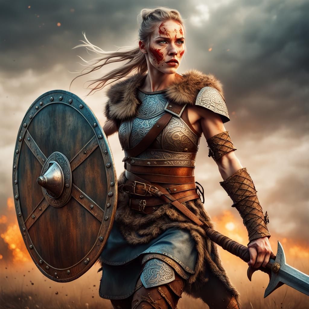 Viking Warrior Woman in Battlefield Fight