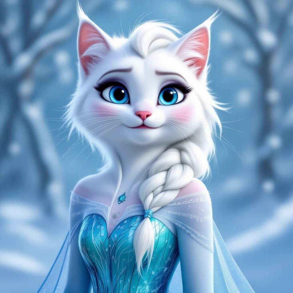Anthropomorphic White Cat as Elsa, Realistic Photography