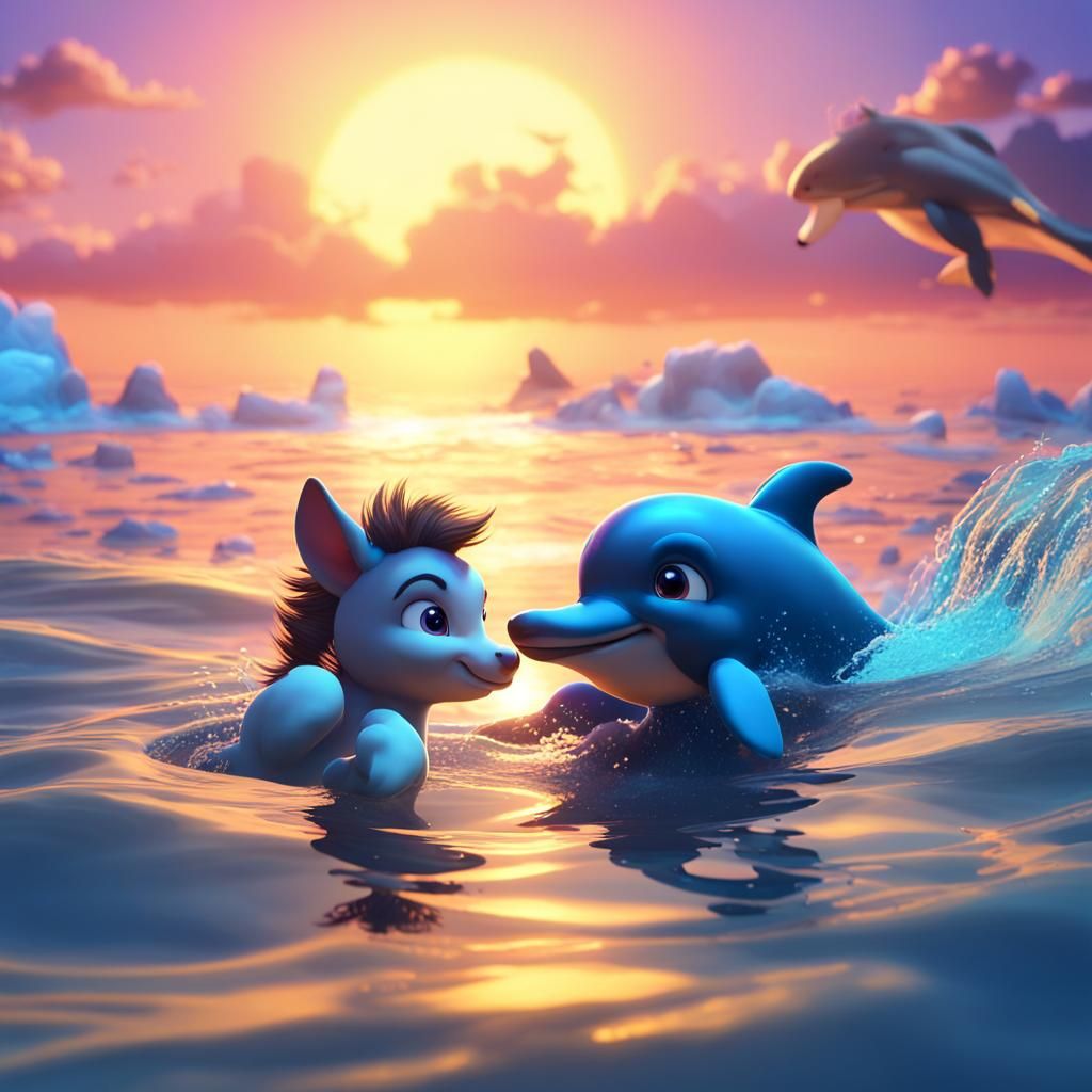 Foal and Dolphin Play at Sunset: 3D Digital Art