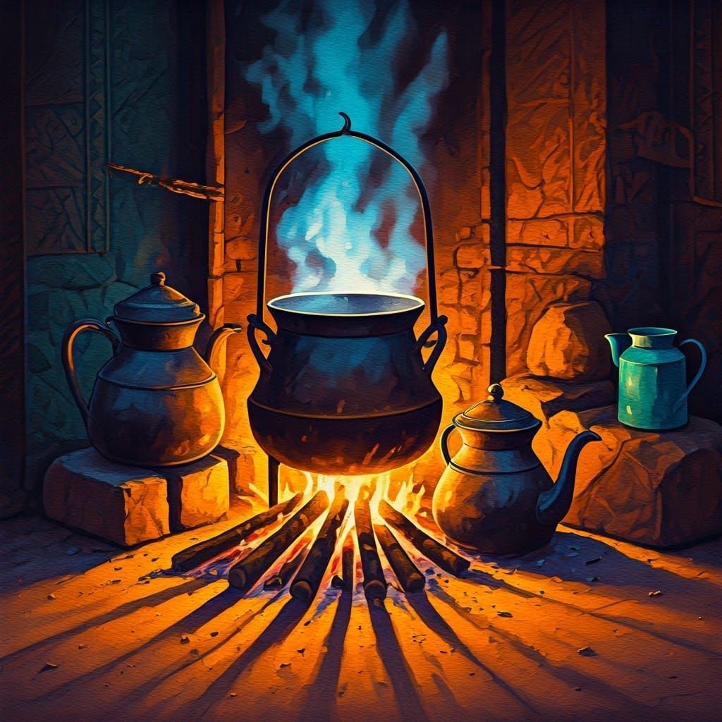 Coffee pots ranged at an open fire