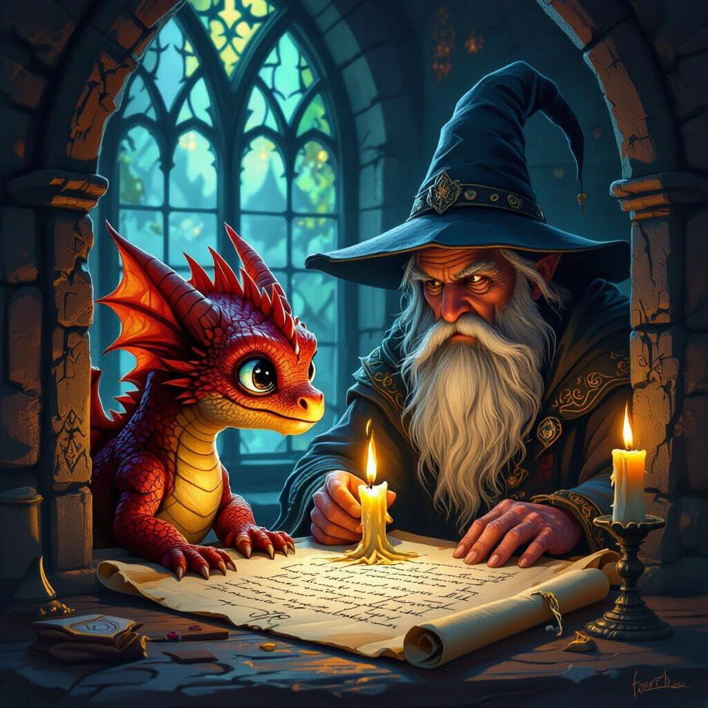 Baby Dragon Watches Wizard Cast Spell by Candlelight