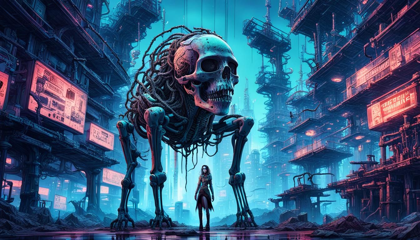 Cyberpunk Girl in Skeleton Cityscape