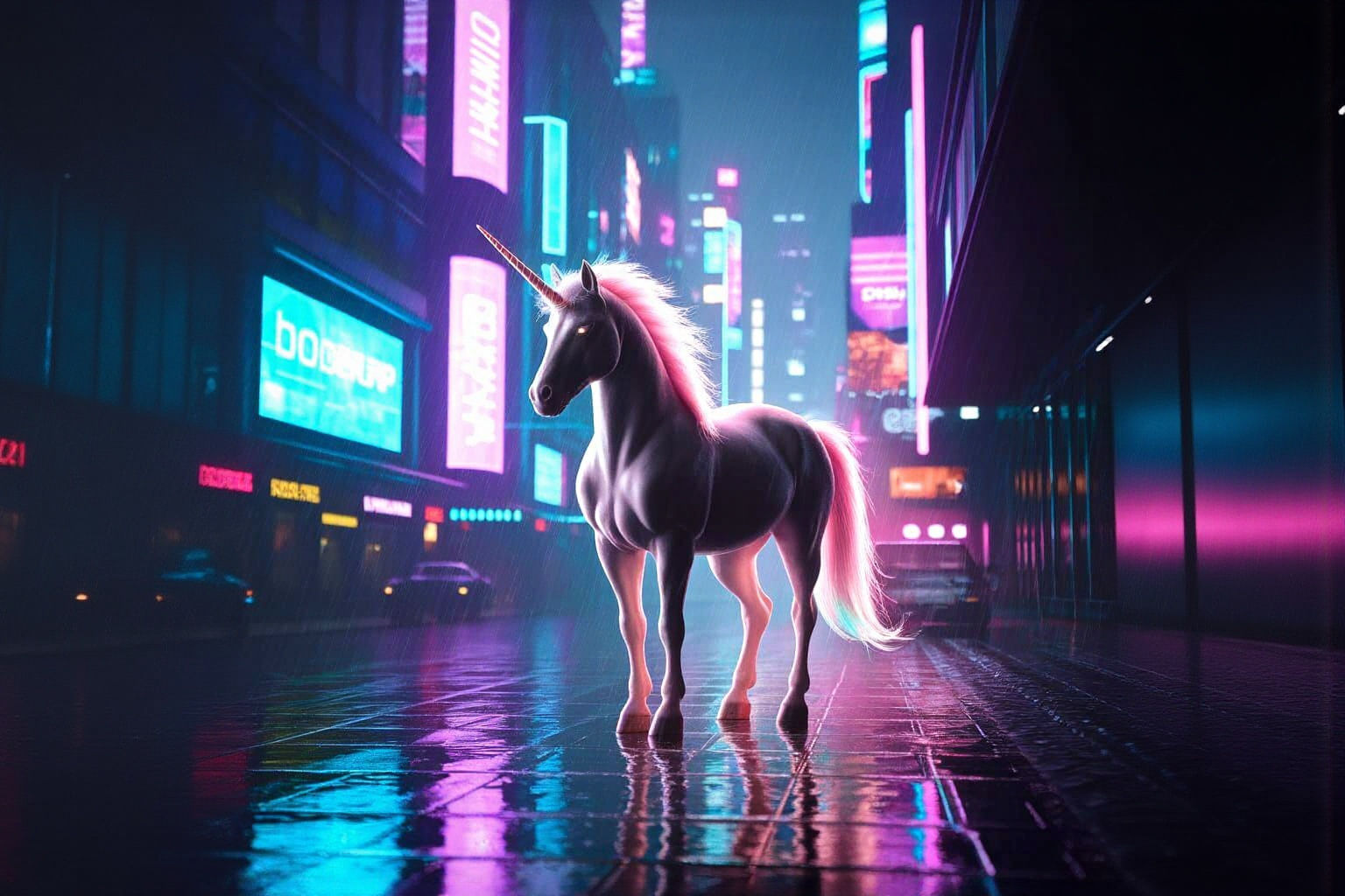 Unicorn in Cyberpunk Cityscape of 2099