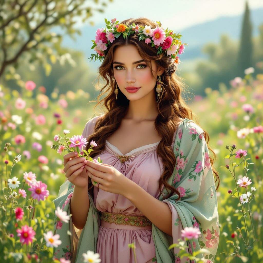 Greek Goddess Thallo in Spring Meadow