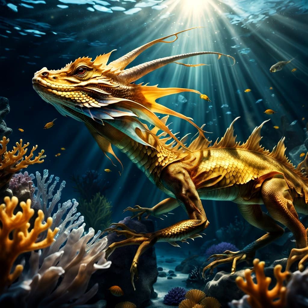 Golden Water Dragon in Crystal Clear Ocean