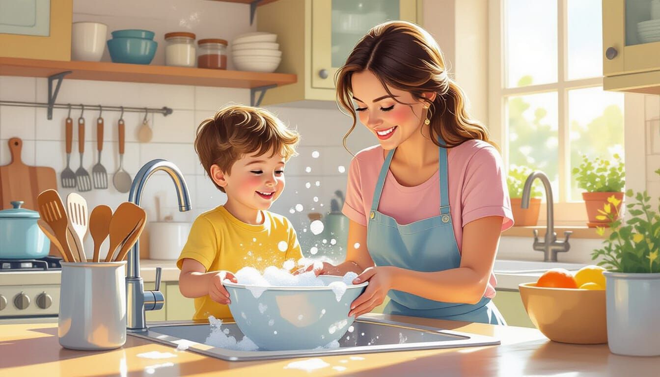 Child Helps Mother in Sunlit Kitchen, Watercolor Style