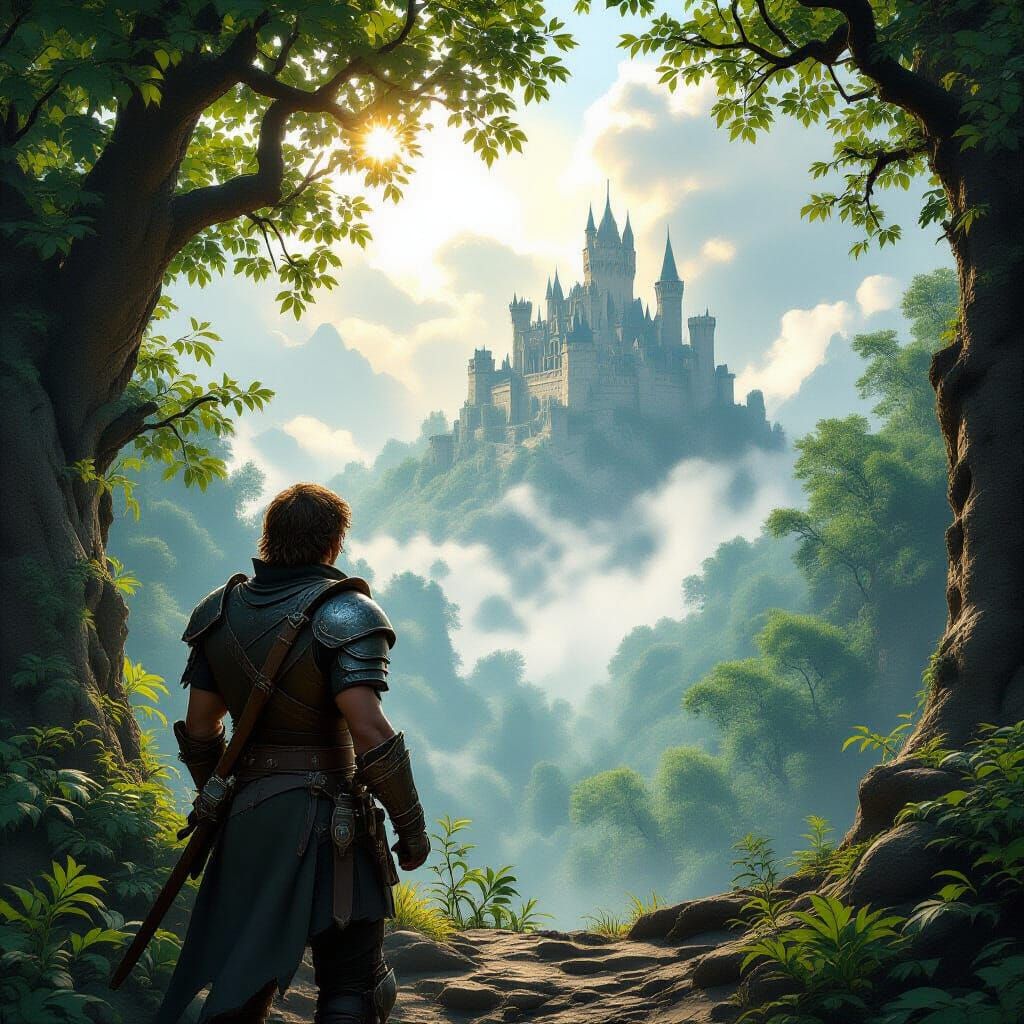 Adventurer Gazes at Misty Mountain Castle in Ancient Forest