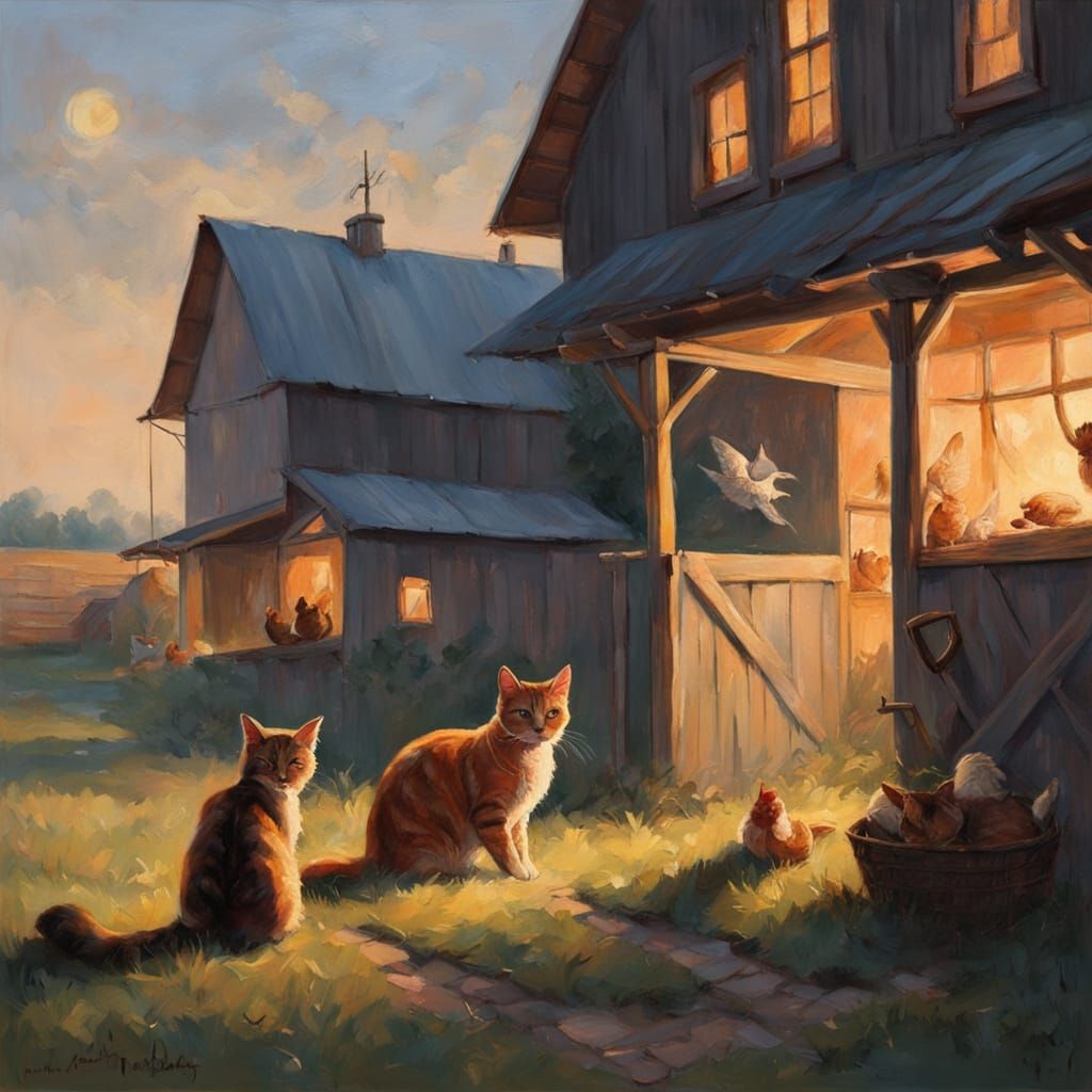 Cozy Farm Sunrise with Lazy Cats and Farm Animals