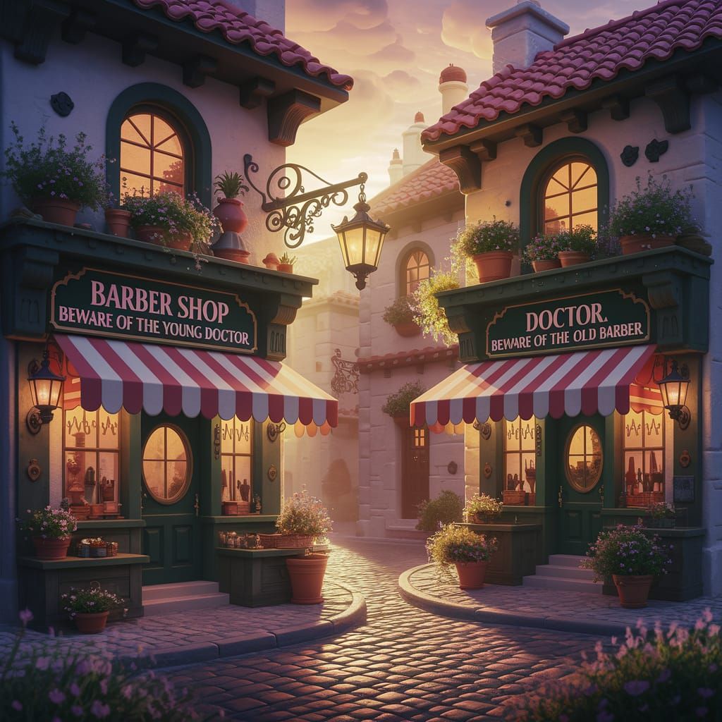 Whimsical Shops on Cobblestone Street in Dali Style