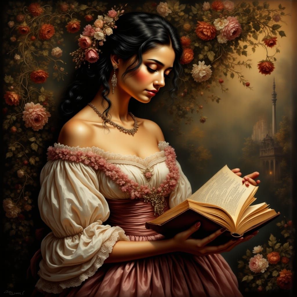 Contemplative Woman in Garden, as Golden Age Painting