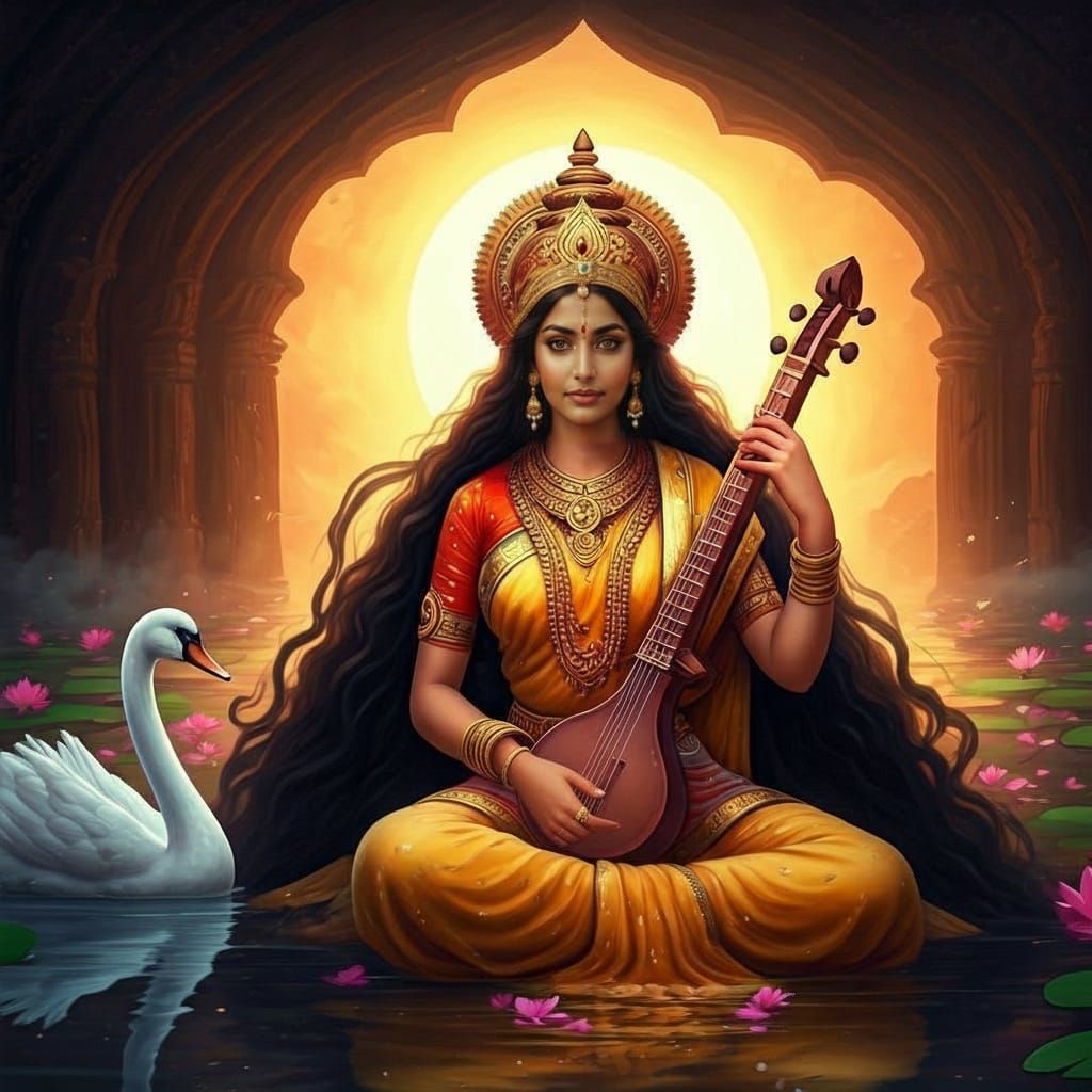 Regal Saraswati Goddess of Wisdom in Vedic Sari