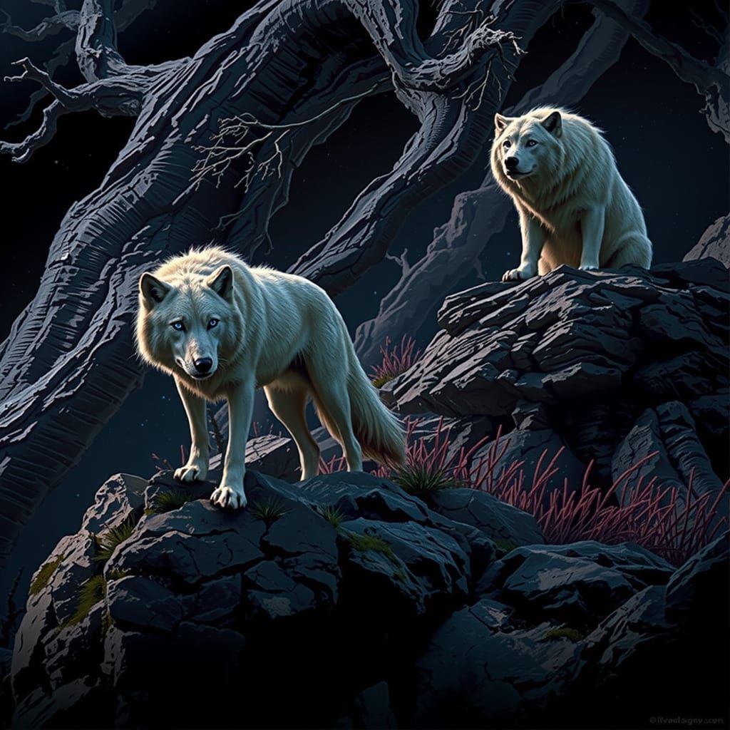 Majestic White Wolf in Ethereal Moonlight Fantasy Art