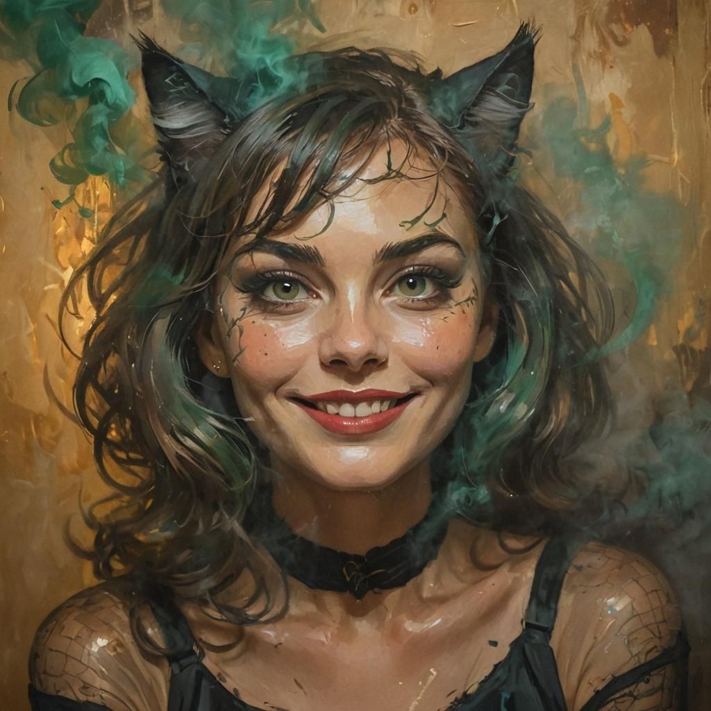 Smiling Cat Woman Portrait in Fauvist Style