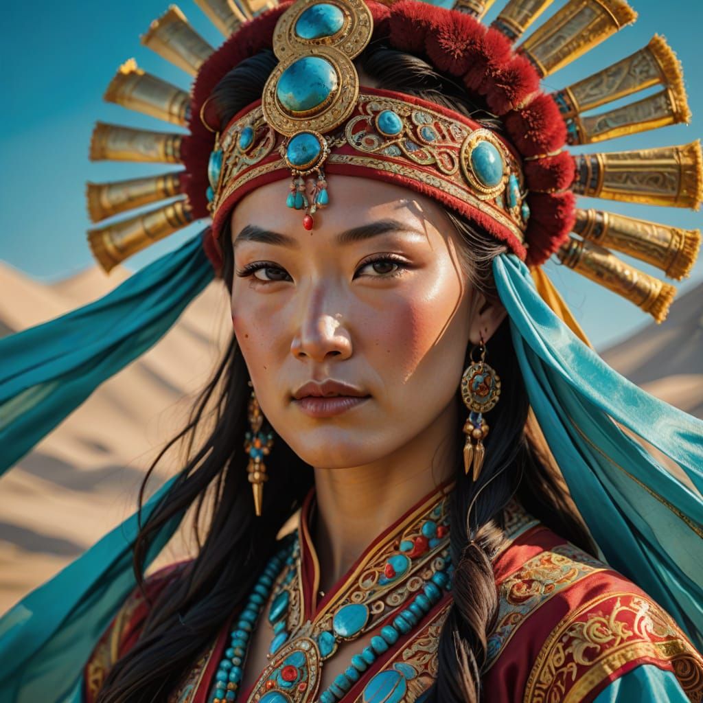 Mongolian Dancer in Ornate Dress with Turquoise Stones