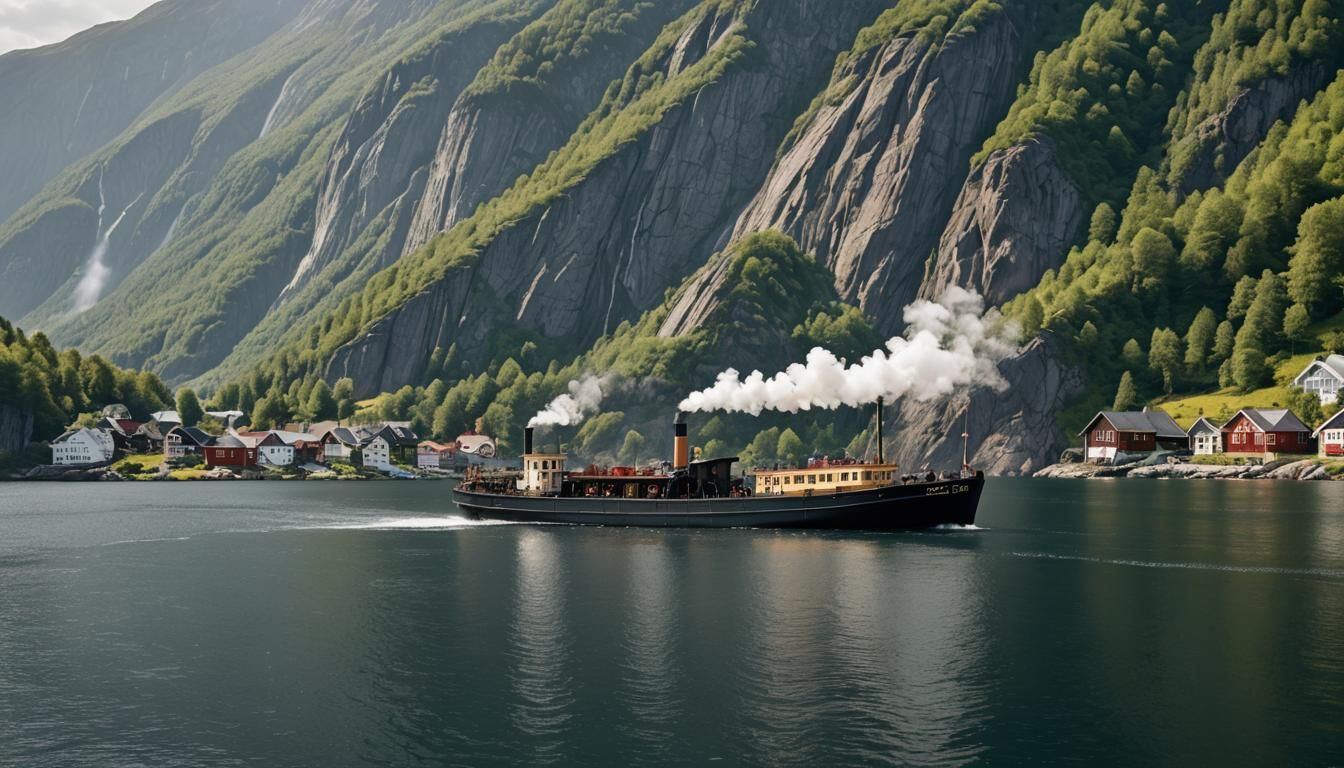 Steamboat Sailing Through Fjords: Detailed Photograph