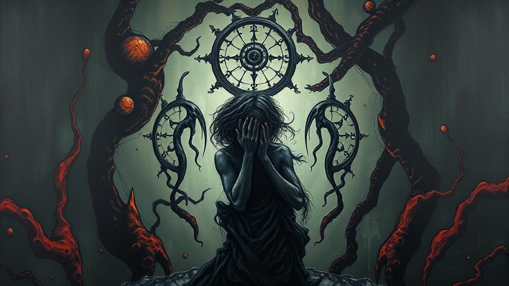 Cowering Figure in Dystopian Surrealism