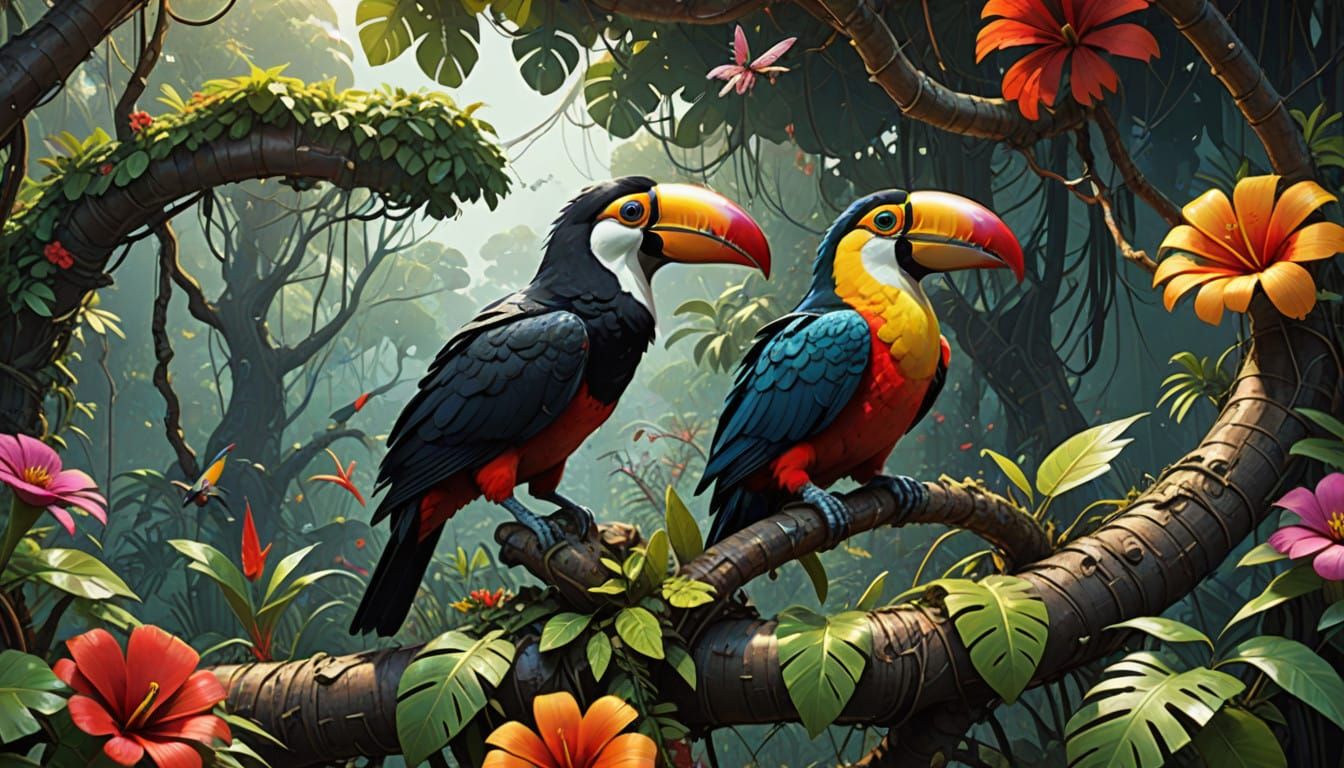 Tropical Birds in Whimsical 3D Landscape