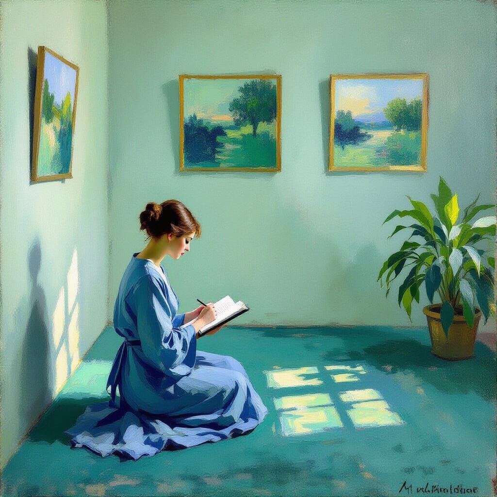 Impressionist Painting of Woman Writing in Serene Room